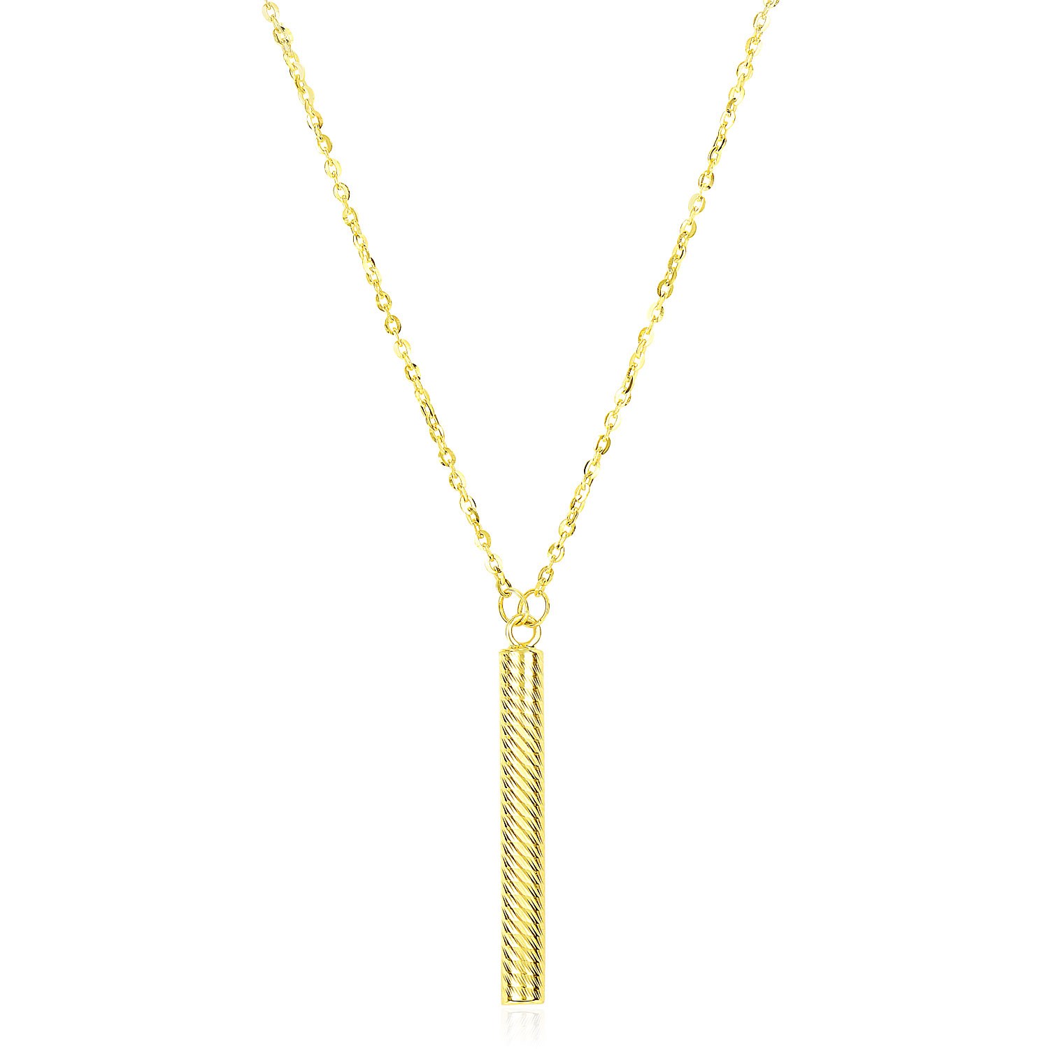 14k Yellow Gold Textured Cylinder Pendant Chain Necklace