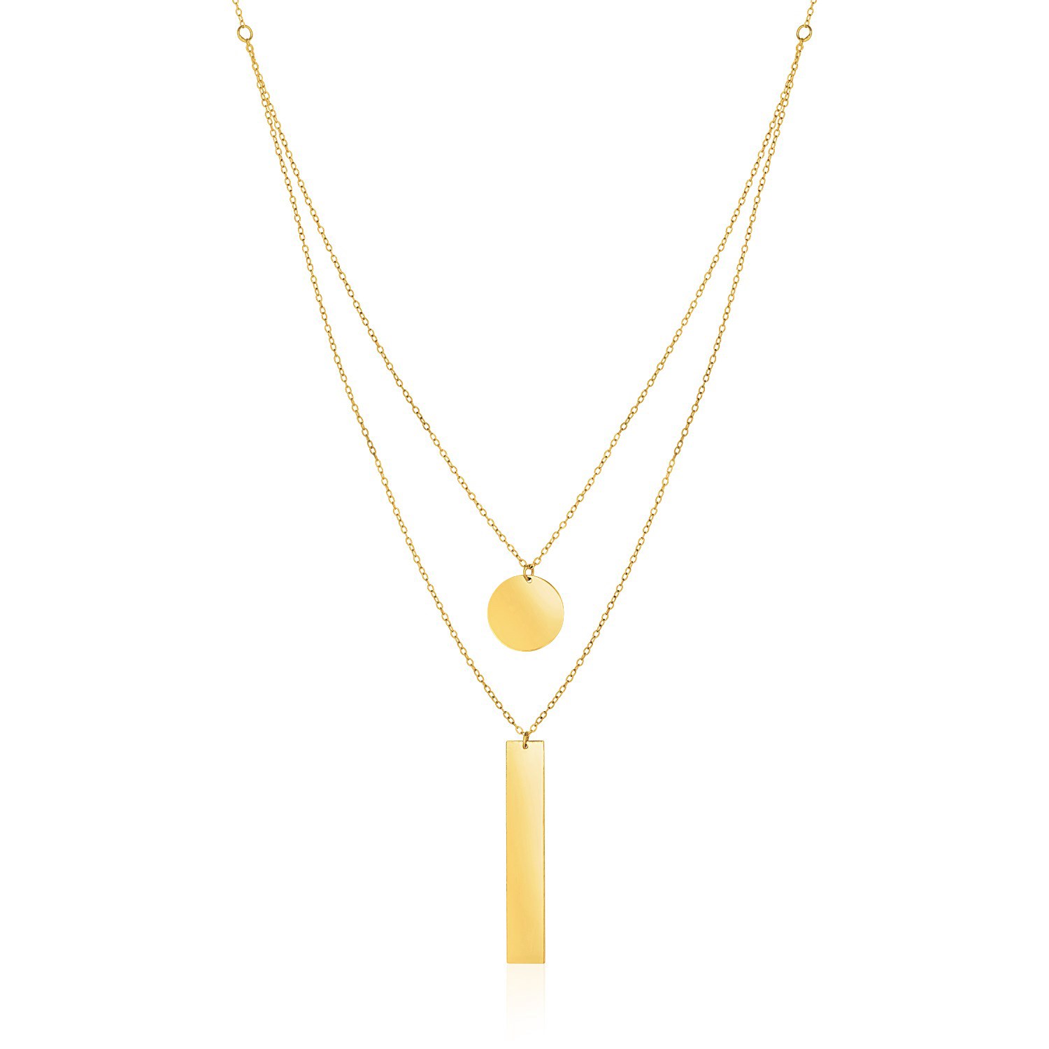 14k Yellow Gold 18 inch Two Strand Necklace with Circle and Bar Pendants