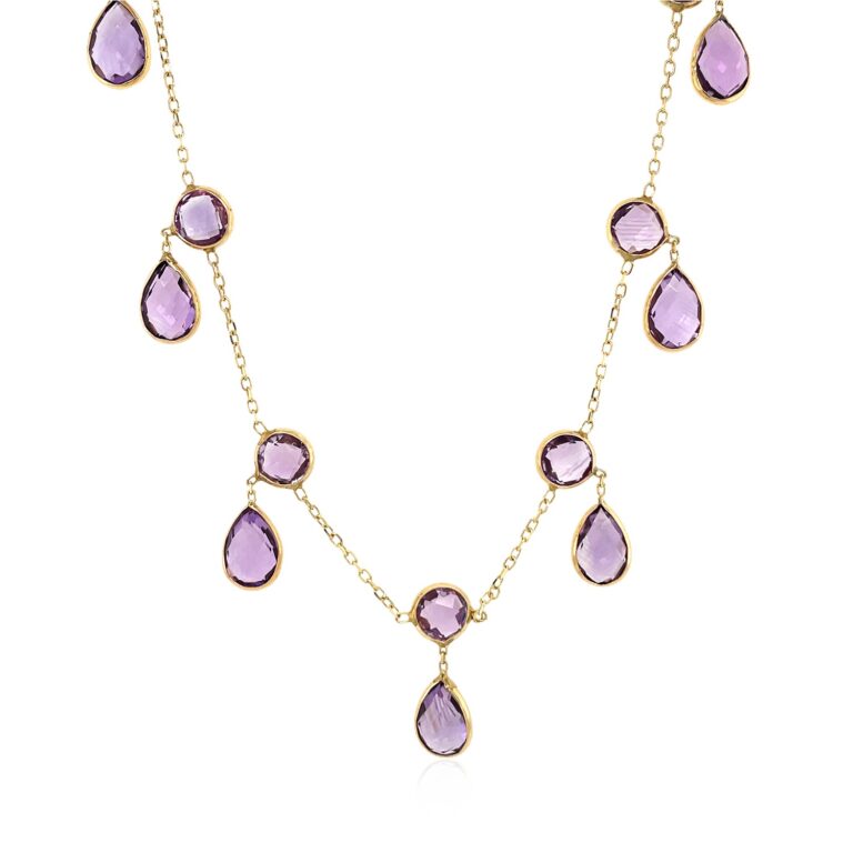 14k Yellow Gold Necklace with Round and Pear-Shaped Amethysts