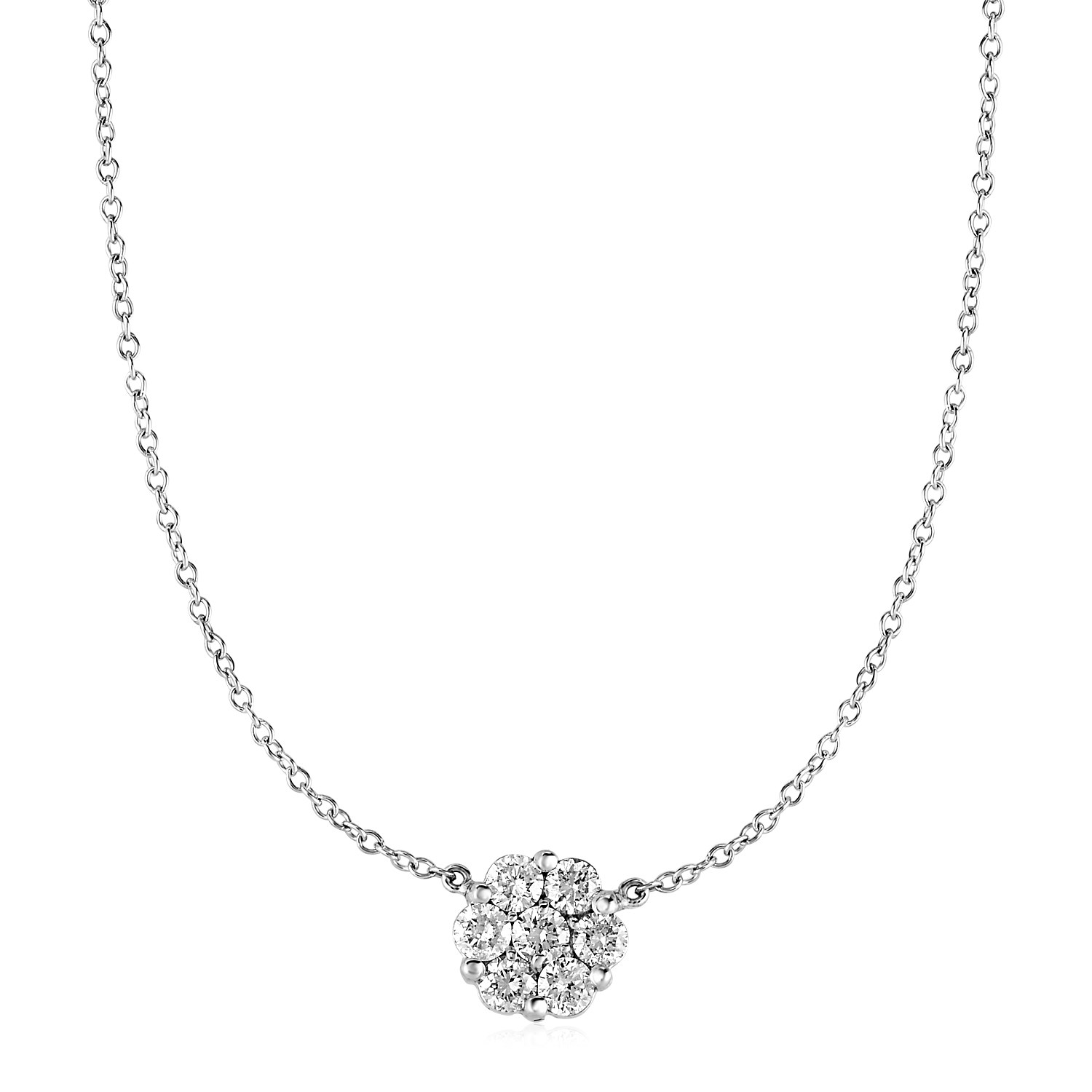 14k White Gold Necklace with Round Pendant with White Diamonds