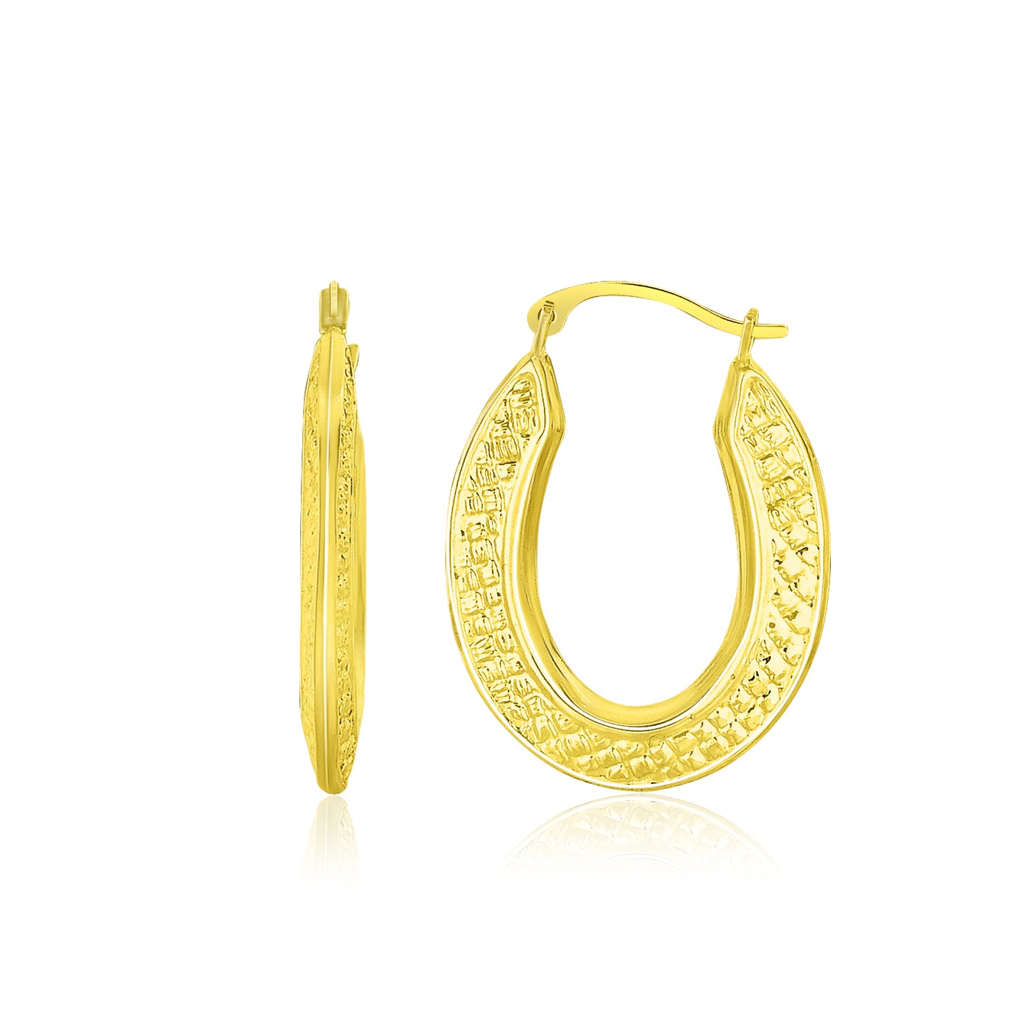 10k Yellow Gold Woven Texture Oval Shape Hoop Earrings