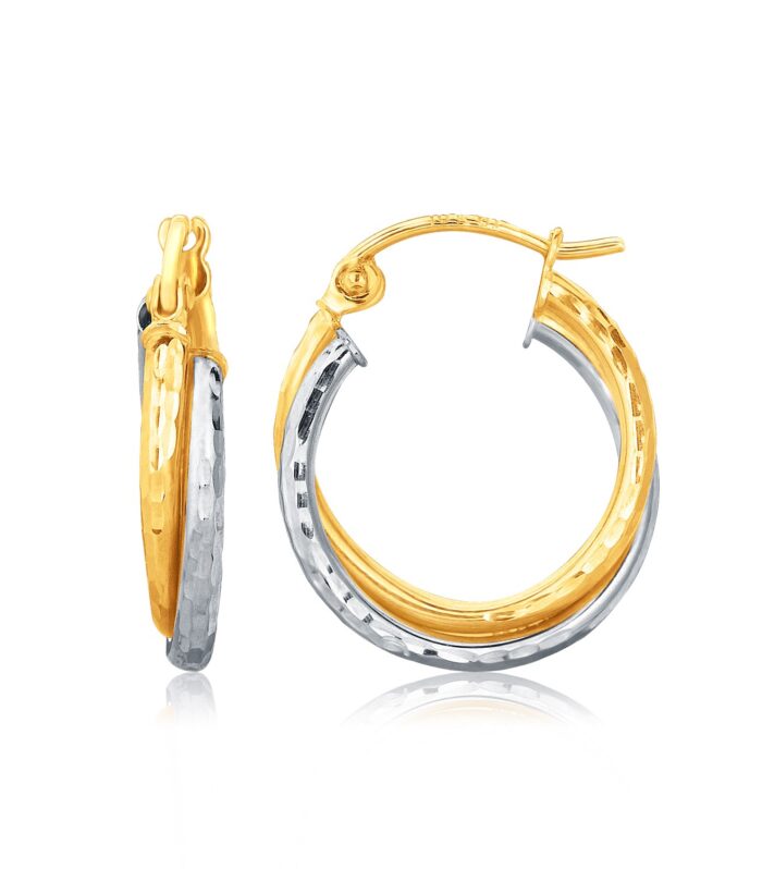 14k Two-Tone Gold Interlaced Hoop Earrings with Hammered Texture