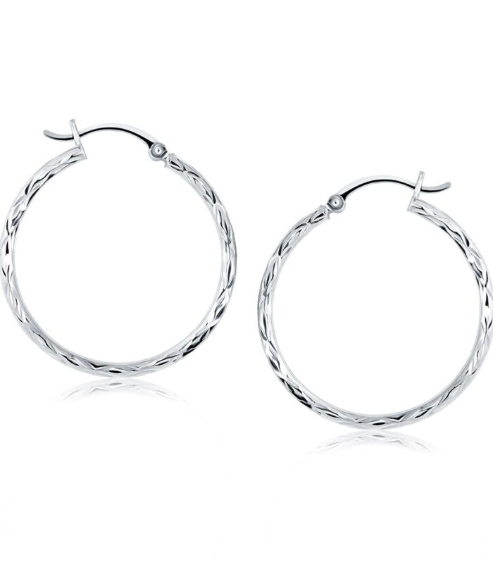 14k White Gold Diamond Cut Hoop Earrings