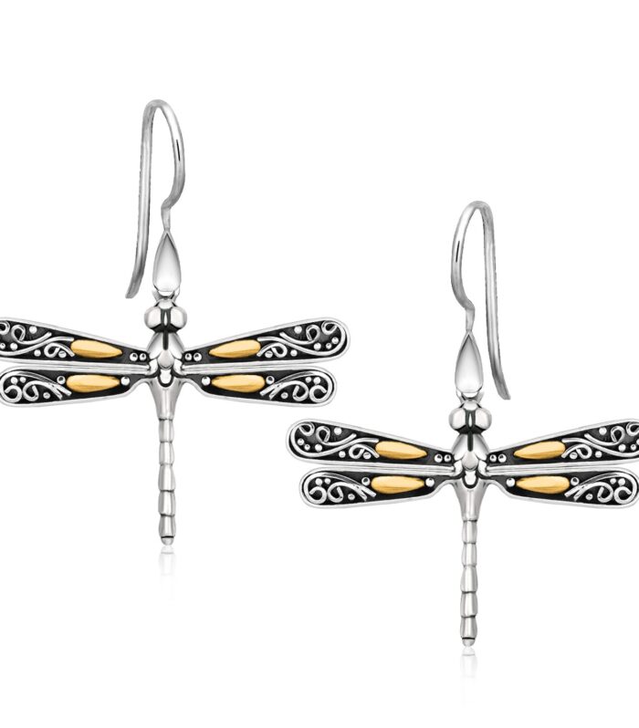 18k Yellow Gold and Sterling Silver Dragonfly Motif Drop Earrings