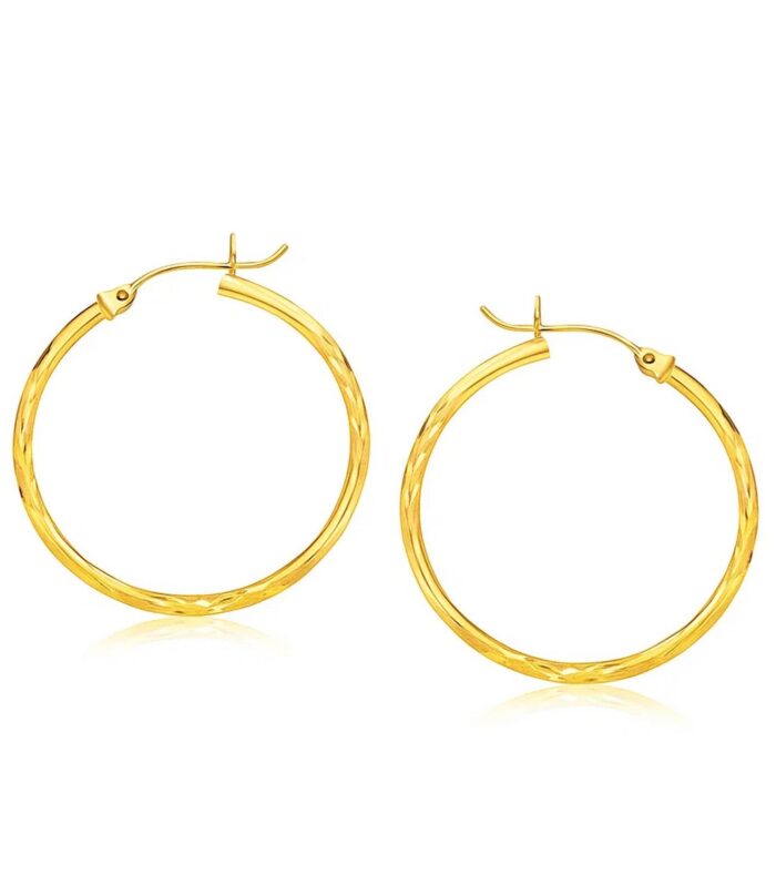 14k Yellow Gold Fancy Diamond Cut Slender Large Hoop Earrings (30mm Diameter)