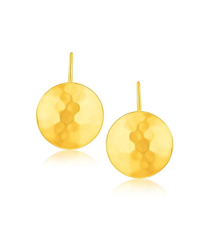 14k Yellow Gold Hammered Texture Disc Drop Earrings Medium