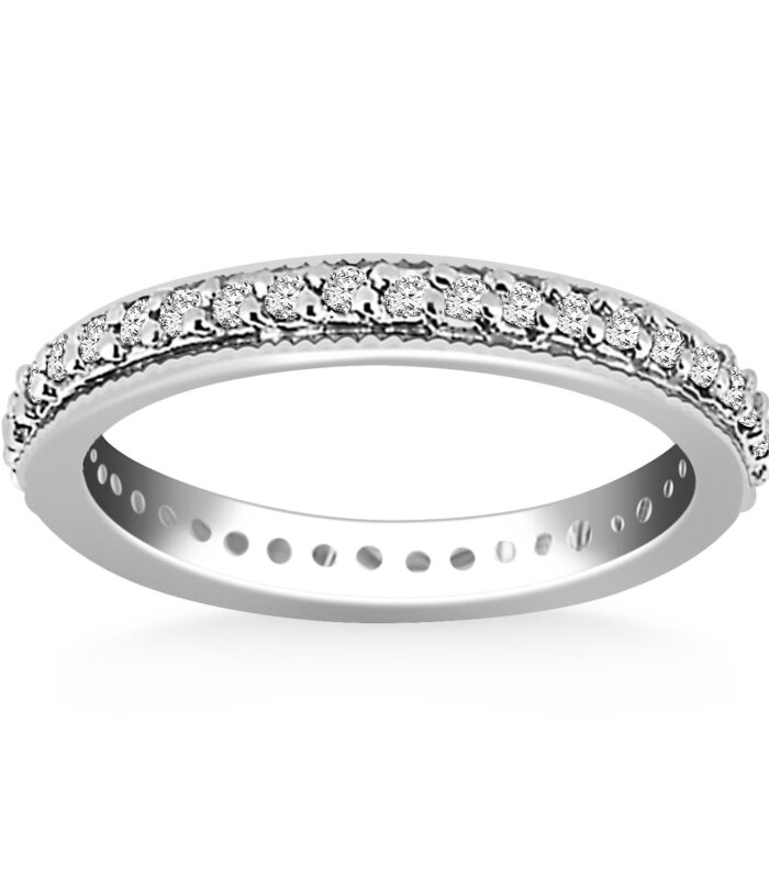 14k White Gold Pave Set Round Cut Diamond Eternity Ring with Milgrained Edging