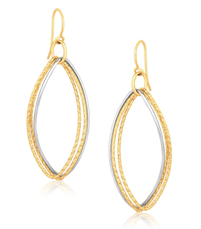 14k Two Tone Gold Textured Triple Oval Shape Drop Earrings