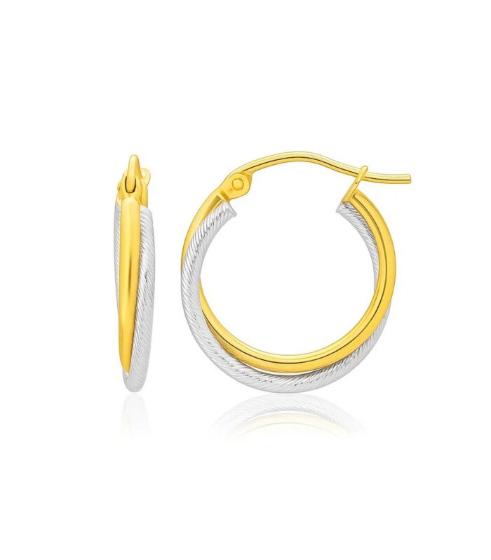 14k Two Tone Gold Double Polished and Textured Hoop Earrings