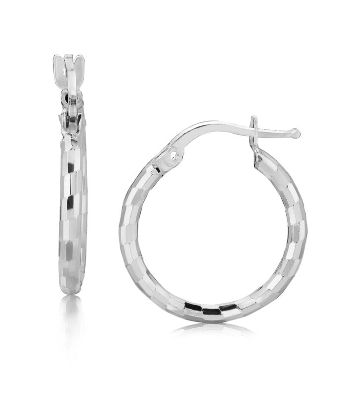 Sterling Silver Rhodium Plated Diamond Cut Small Hoop Earrings (15mm)