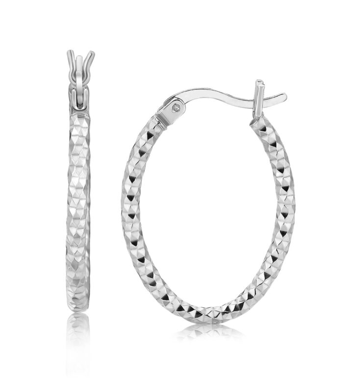 Sterling Silver Hoop Diamond Cut Texture Earrings with Rhodium Plating