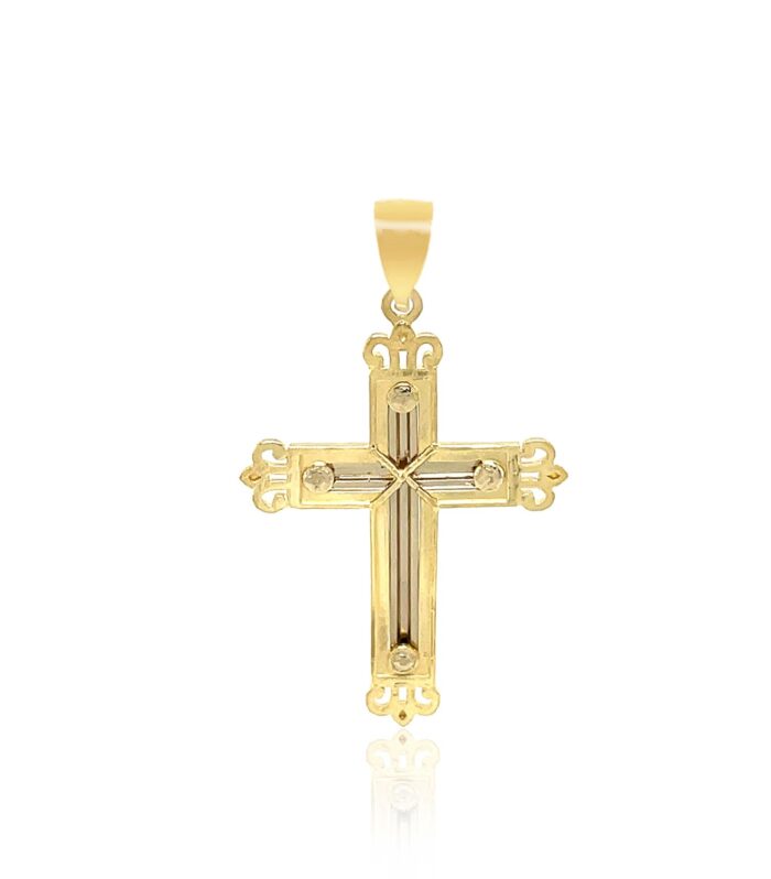 14k Two-Tone Gold Cross Pendant with an Ornate Budded Style