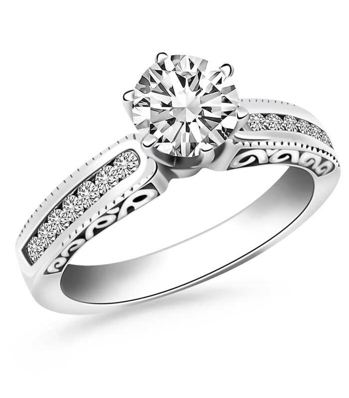 14k White Gold Channel Set Engagement Ring with Engraved Sides