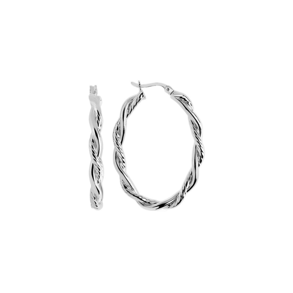 Sterling Silver Oval Hoop Braided Diamond Cut Earrings