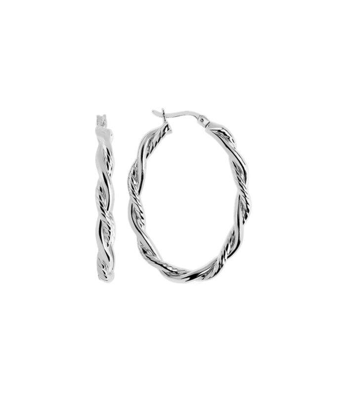 Sterling Silver Oval Hoop Braided Diamond Cut Earrings