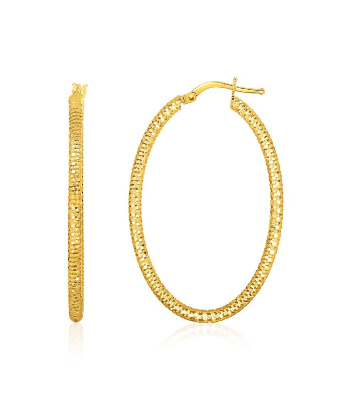 14k Yellow Gold Textured Oval Hoop Earrings