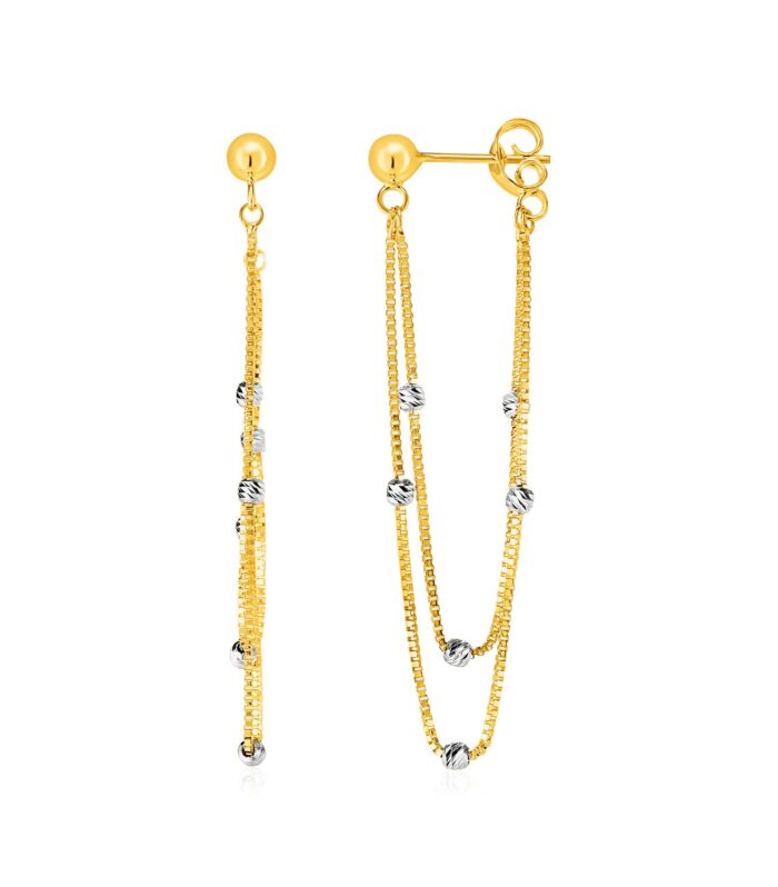 Hanging Chain Post Earrings with Bead Accents in 14k Yellow and White Gold