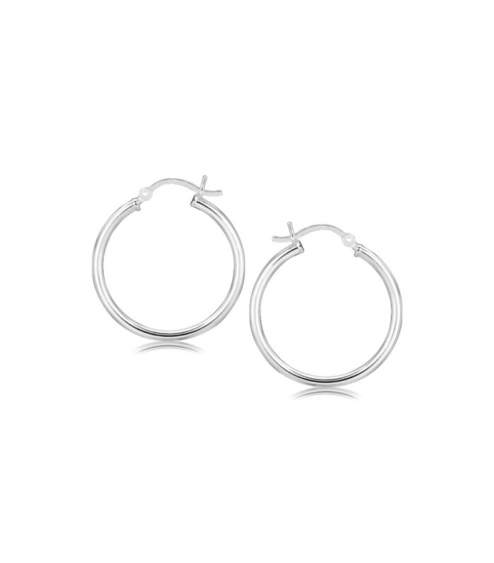 Sterling Silver Rhodium Plated Thin and Polished Hoop Motif Earrings (25mm)