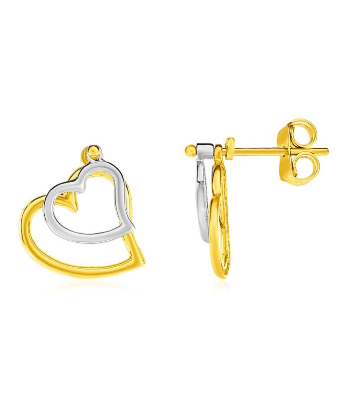 14k Two Tone Gold Post Earrings with Open Hearts