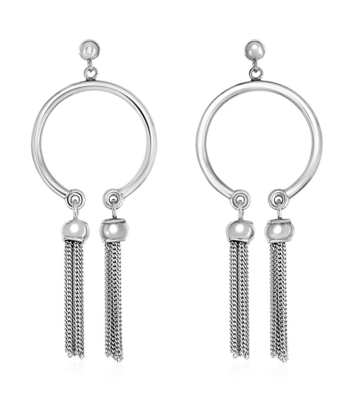 Polished Circular Earrings with Tassels in Sterling Silver