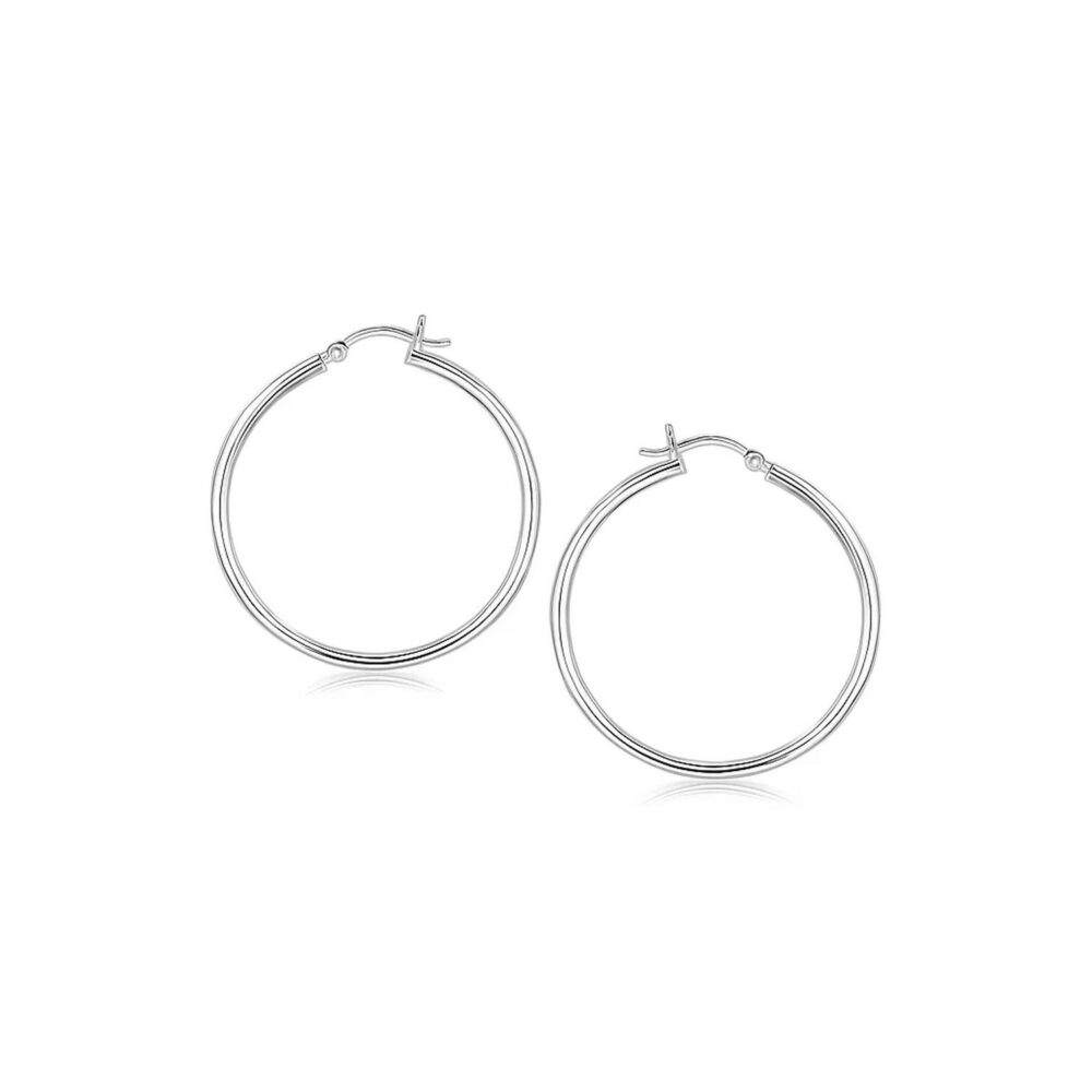 Sterling Silver Rhodium Plated Thin and Polished Hoop Style Earrings (35mm)