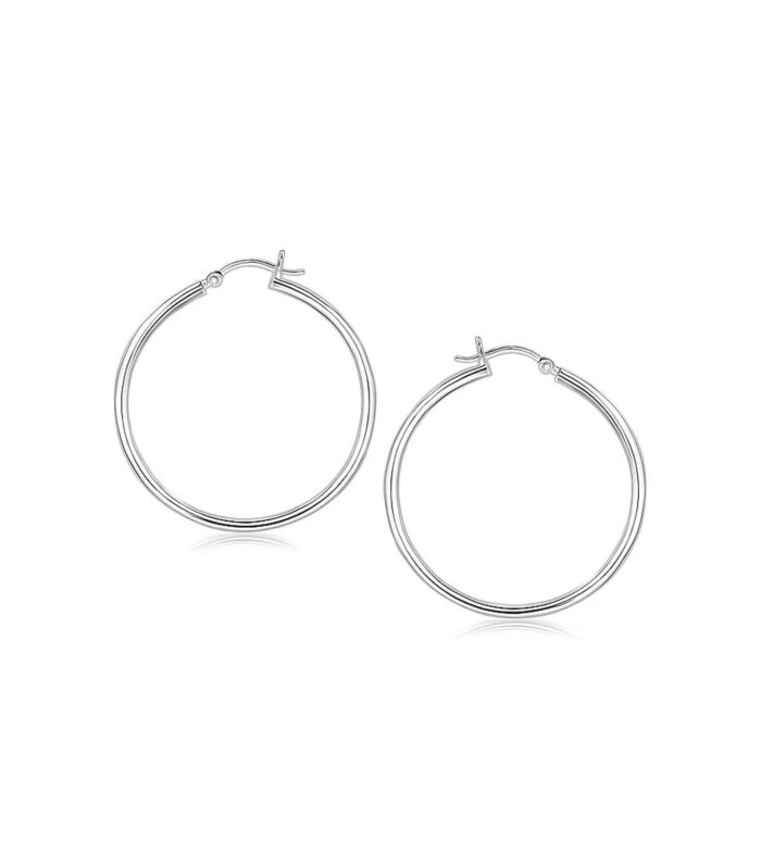Sterling Silver Rhodium Plated Thin and Polished Hoop Style Earrings (35mm)