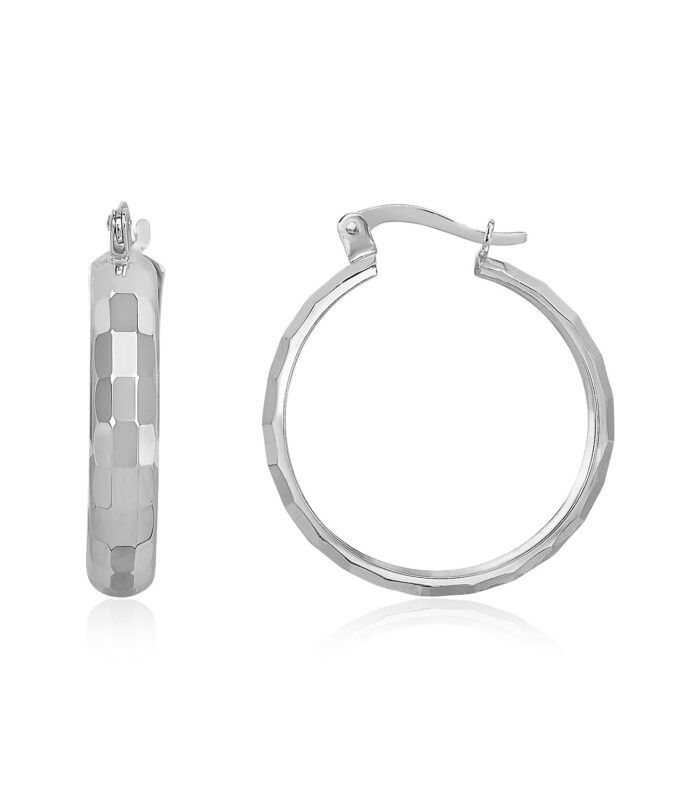 14k White Gold Geometric Textured Hoop Style Earrings