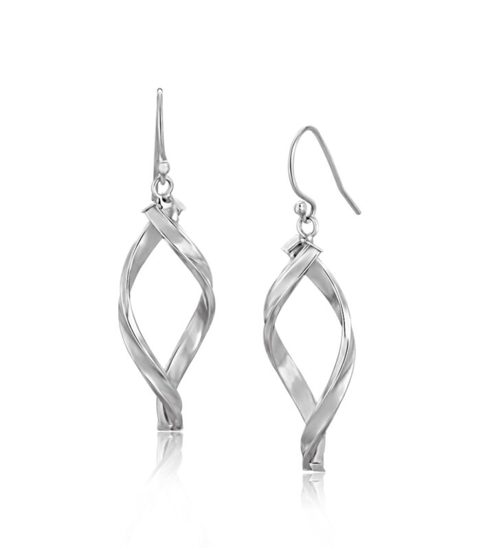 14k White Gold Twisted Freeform Oval Drop Earrings