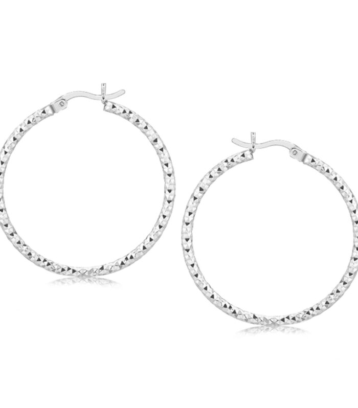 Sterling Silver Rhodium Plated Woven Style Polished Hoop Earrings