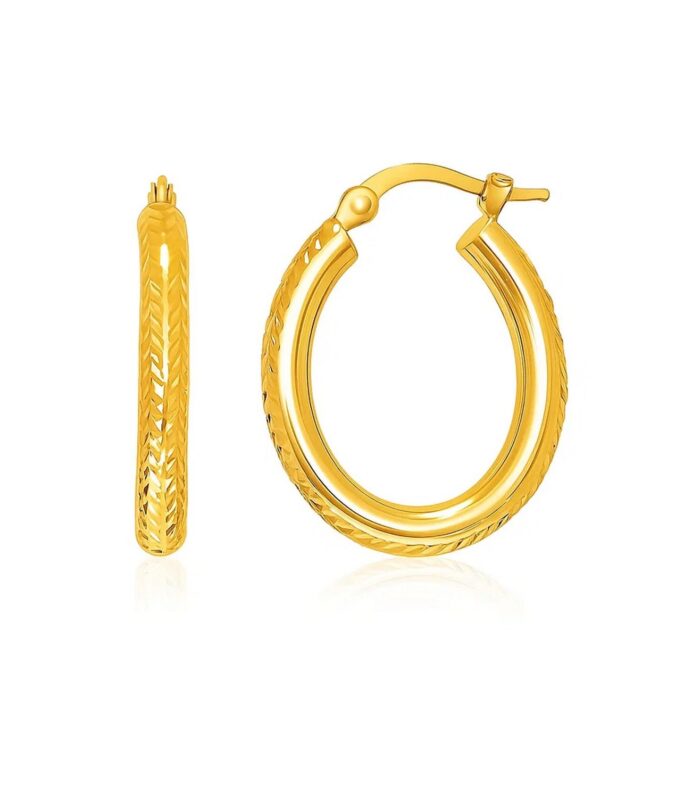 14k Yellow Gold Diamond Cut Textured Oval Hoop Earrings.