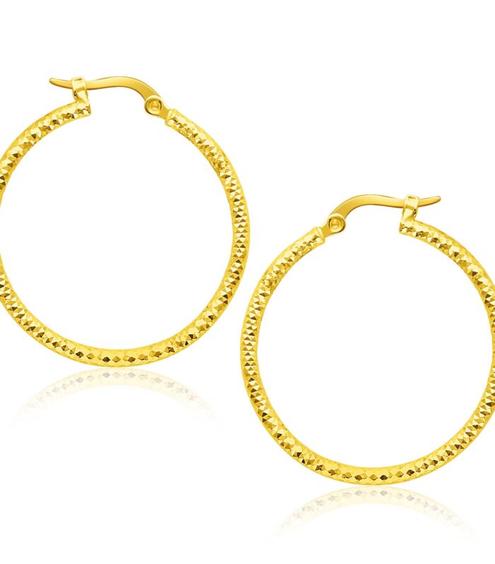 14k Yellow Gold Tube Textured Round Hoop Earrings