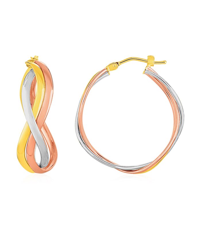 Three Part Wavy Hoop Earrings in 14k Tri Color Gold