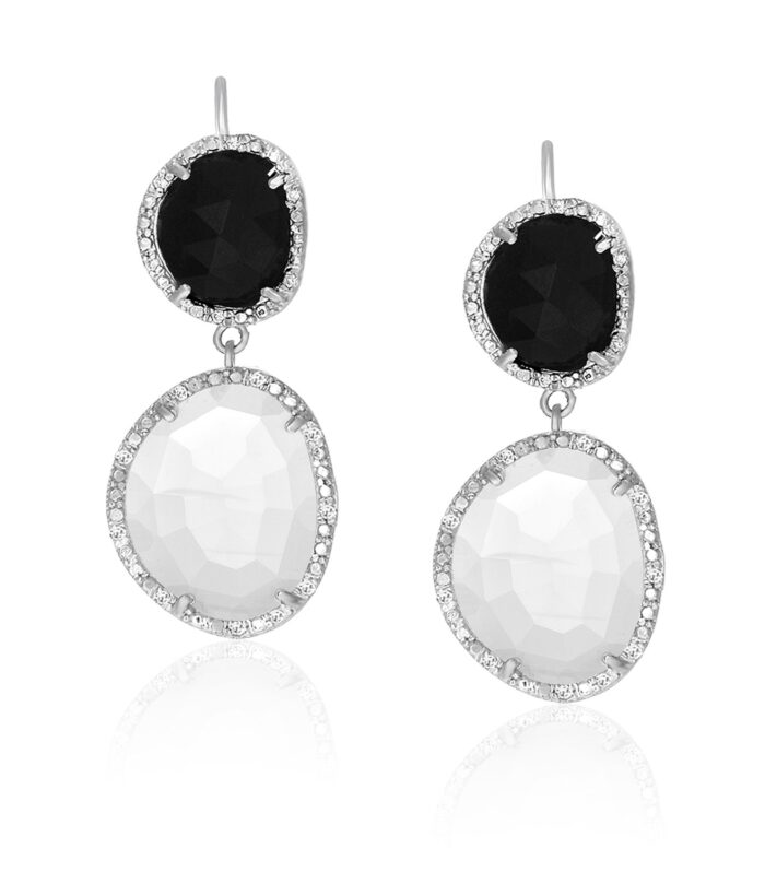 Sterling Silver Diamond Accented Moonstone and Black Onyx Earrings
