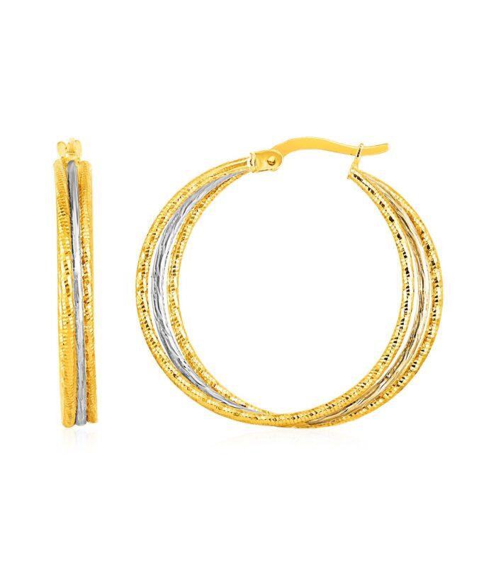 Three Part Textured Hoop Earrings in 14k Yellow and White Gold
