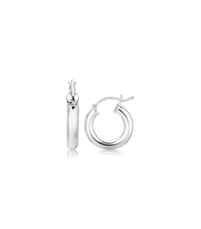Sterling Silver Thick Polished Hoop Earrings with Rhodium Plating (15mm)