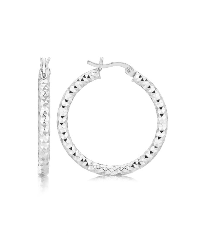Sterling Silver Rhodium Plated Faceted Style Medium Hoop Earrings