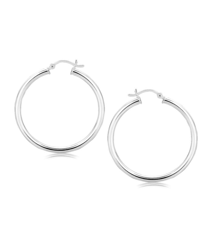 Sterling Silver Rhodium Plated Polished Motif Hoop Earrings (35mm)