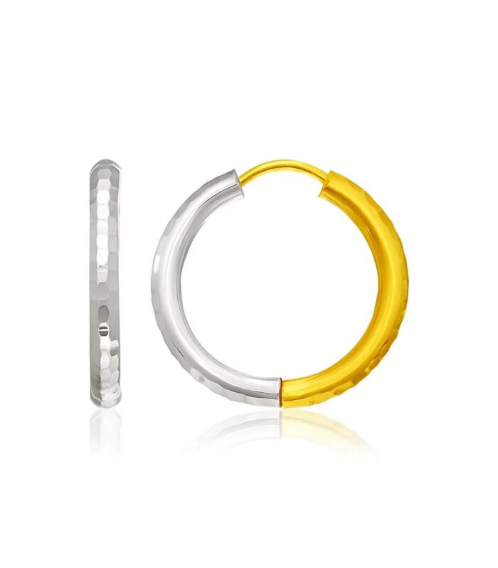 14k Two-Tone Gold Hinge Hammered Hoop Earrings