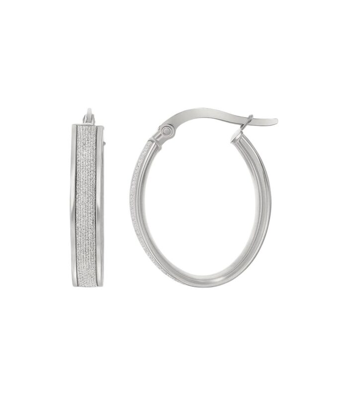 14k White Gold Glitter Center Oval Hoop Earrings