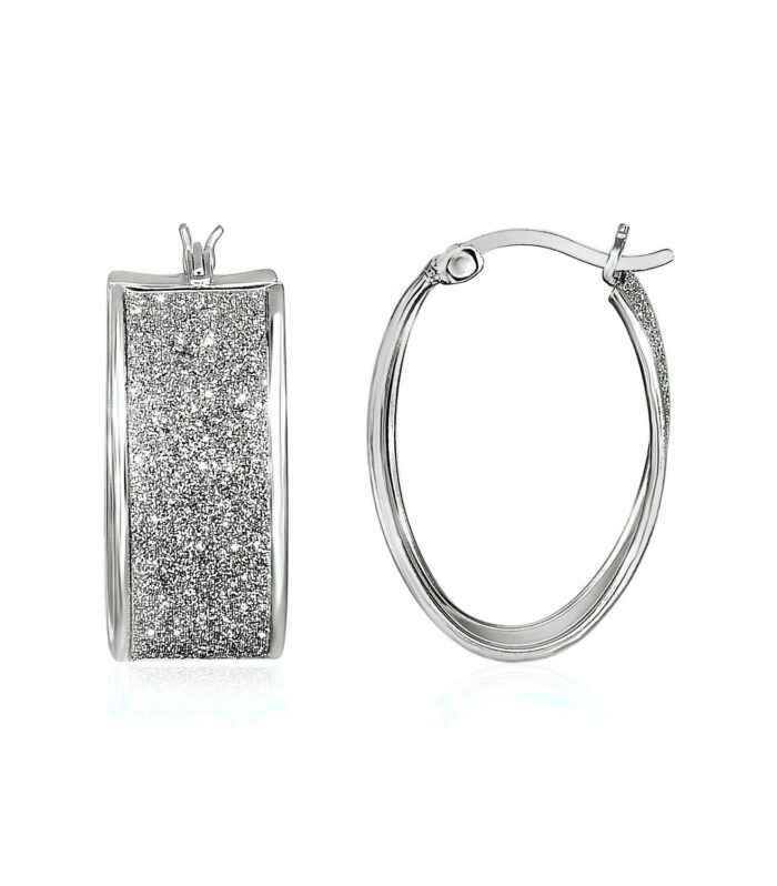 Glitter Textured Wide Oval Hoop Earrings in Sterling Silver