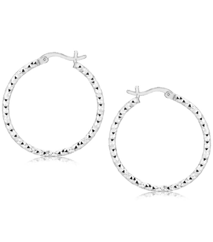 Sterling Silver Faceted Motif Hoop Earrings with Rhodium Plating