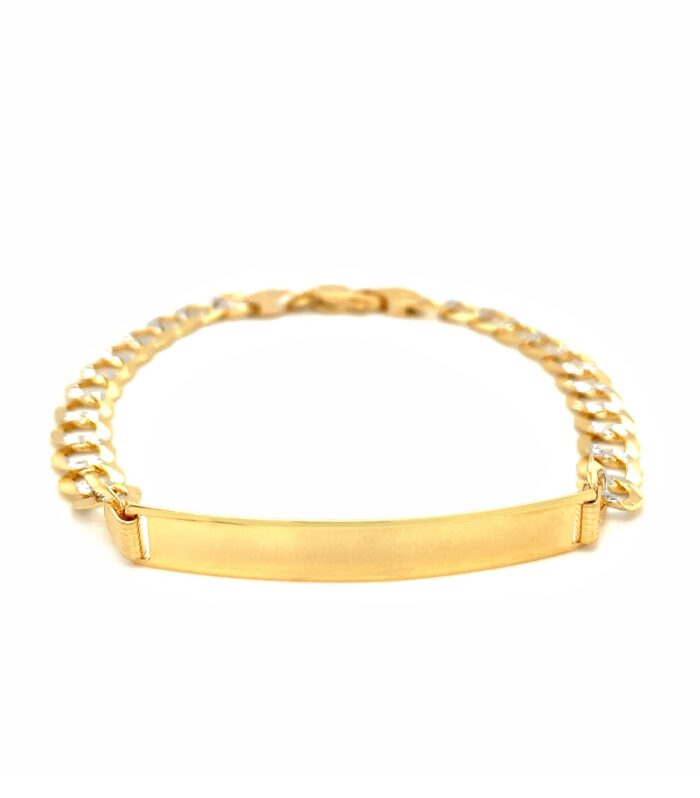 14k Two Tone Gold 8 1/2 inch Mens Narrow Curb Chain ID Bracelet with White Pave