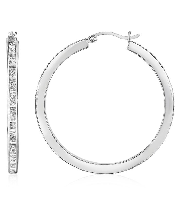 Glitter Textured Square Tube Hoop Earrings in Sterling Silver