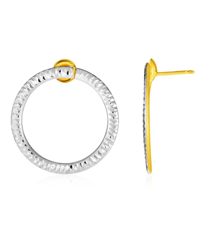 14k Two Tone Gold Circle Earrings with Diamond Cut Texture