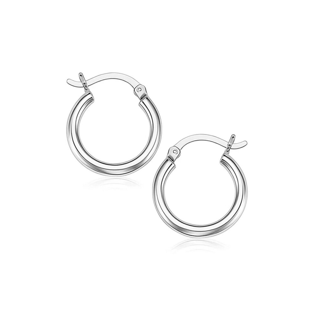 Sterling Silver Rhodium Plated Thin and Small Polished Hoop Earrings (10mm)