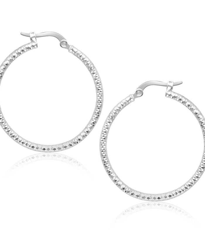 14k White Gold Tube Textured Round Hoop Earrings