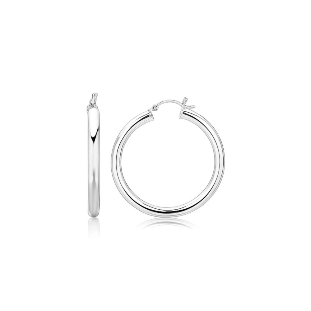 Sterling Silver Thick Rhodium Plated Polished Hoop Style Earrings (35mm)