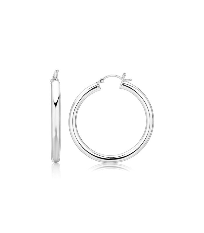 Sterling Silver Thick Rhodium Plated Polished Hoop Style Earrings (35mm)
