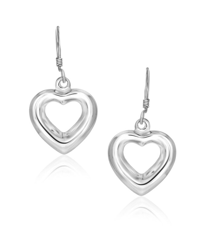 Sterling Silver Drop Earrings with a Puffed Open Heart Design