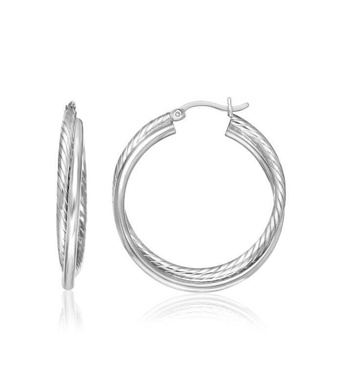 Sterling Silver Ridged Hoop Earrings with Textured Design